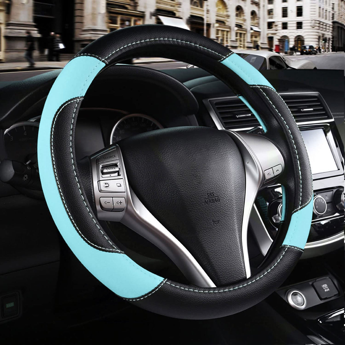 szttswamp leather steering wheel cover close-up non-slip texture improves grip