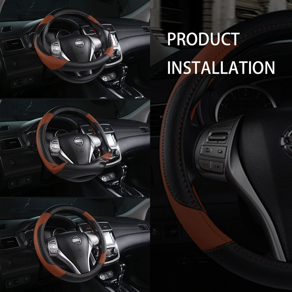 szttswamp steering wheel cover enhances interior style with red-black design.