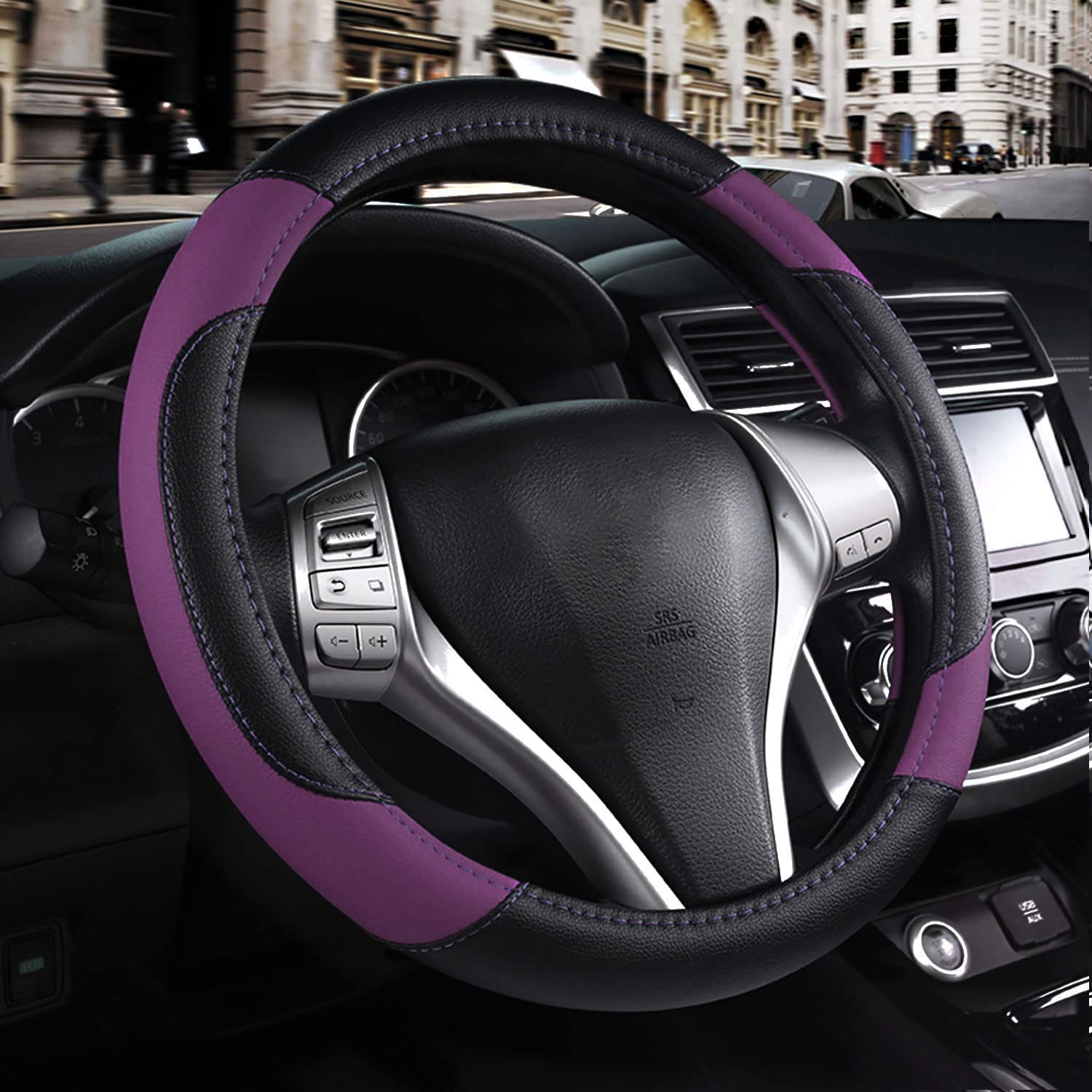 szttswamp leather steering wheel cover texture close-up enhances durability and grip.
