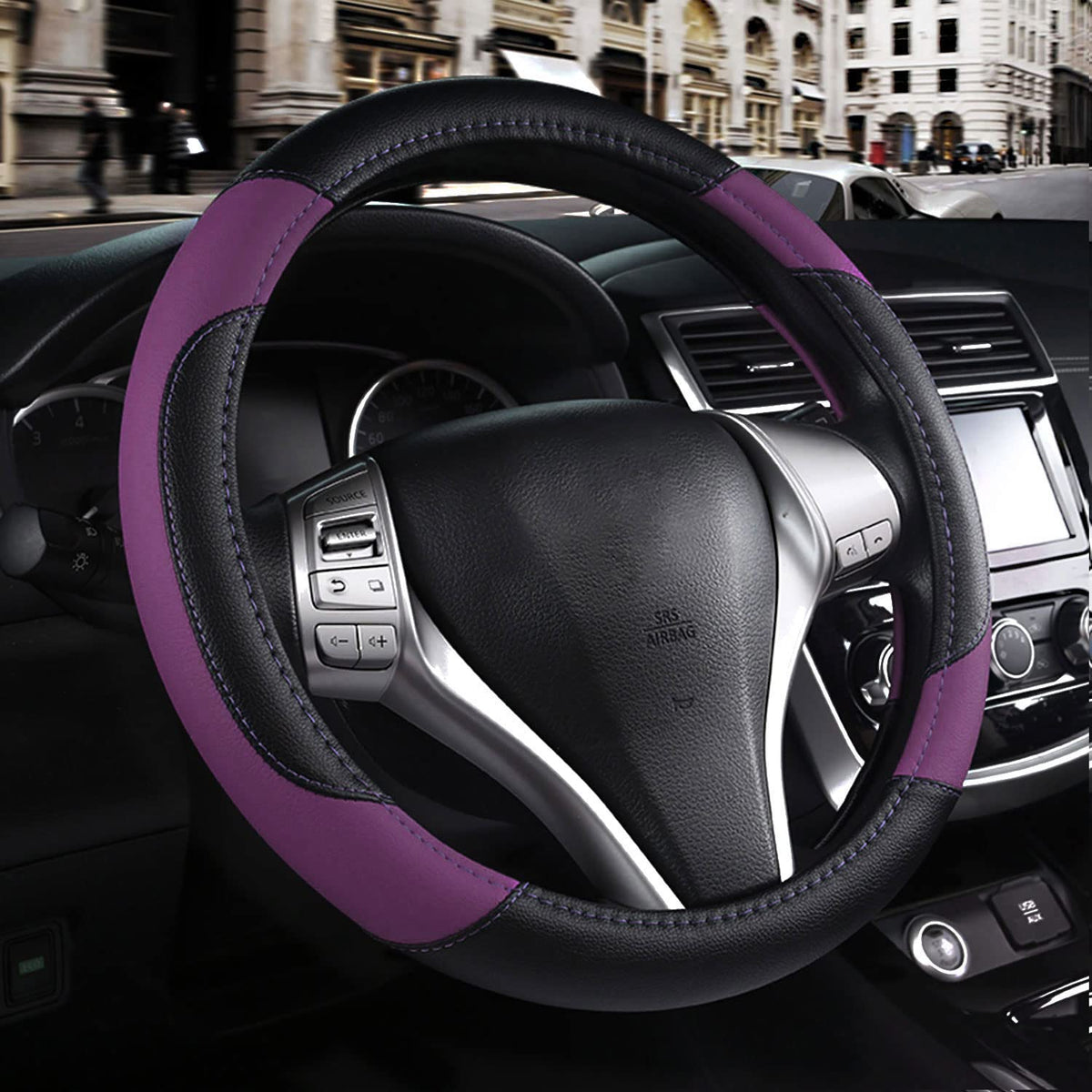 szttswamp leather steering wheel cover texture close-up enhances durability and grip.