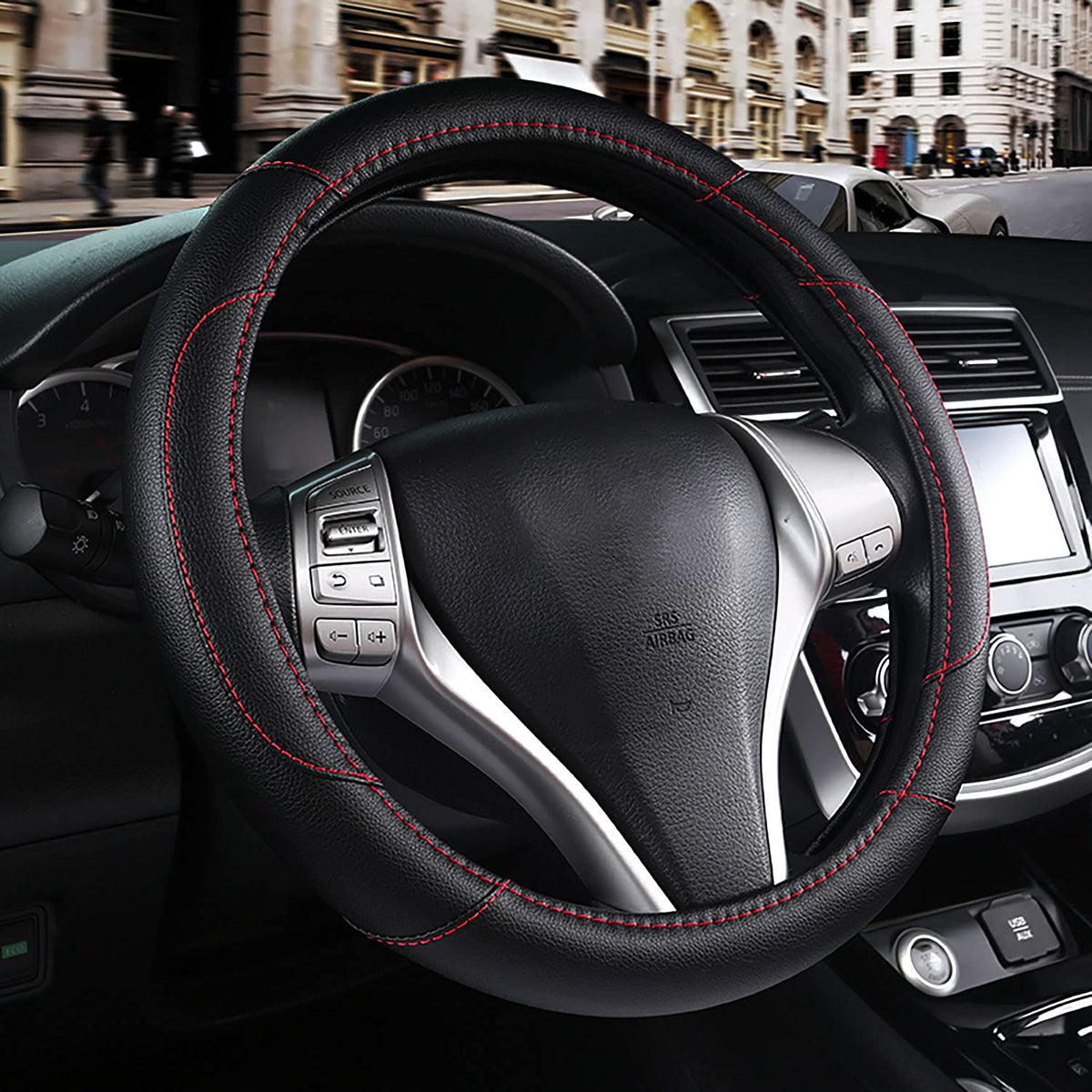 szttswamp leather steering wheel cover texture closeup highlights durability and premium feel.