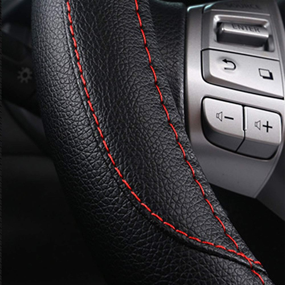 szttswamp leather steering wheel cover universal fit shown on wheel.