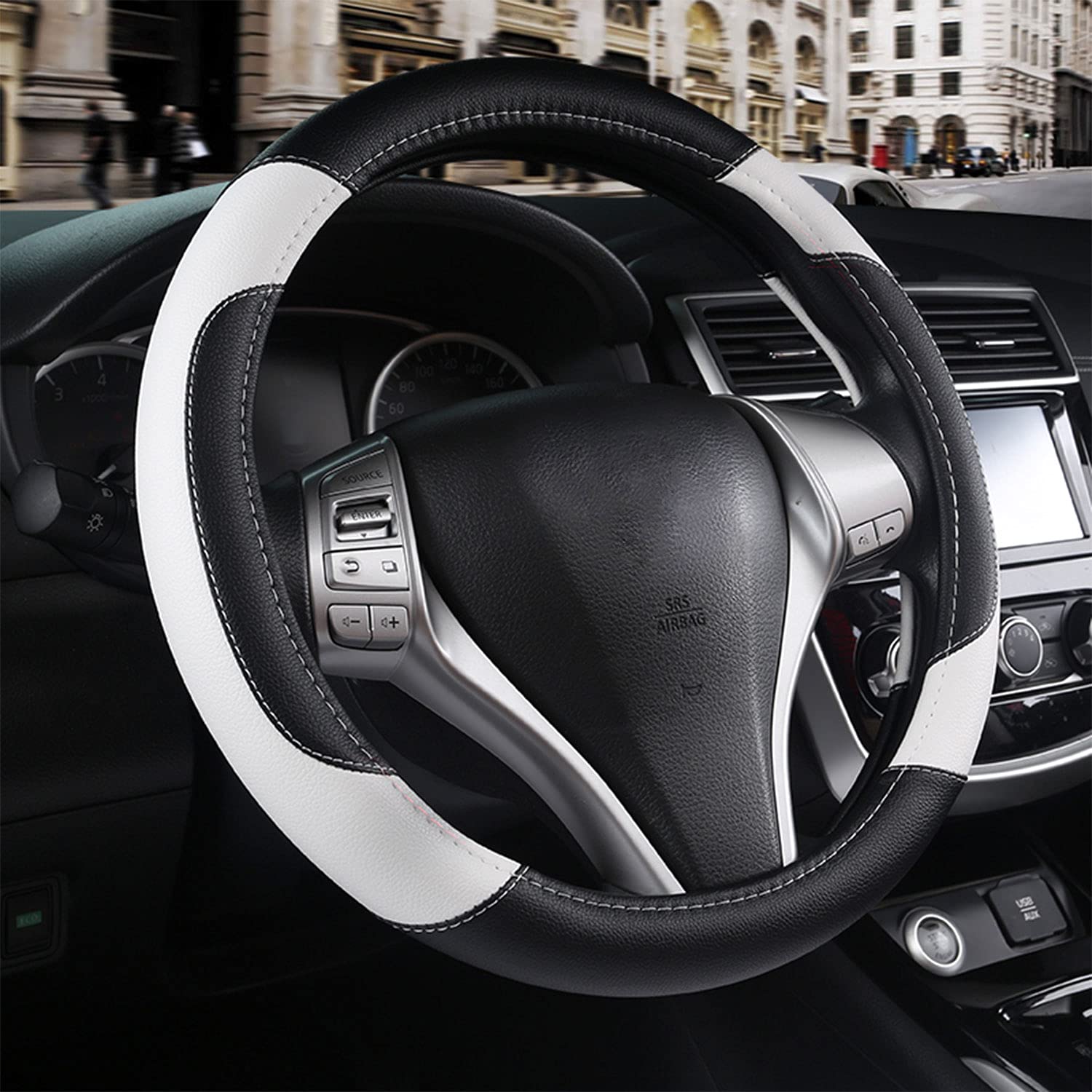 szttswamp leather steering wheel cover in white with non-slip grip