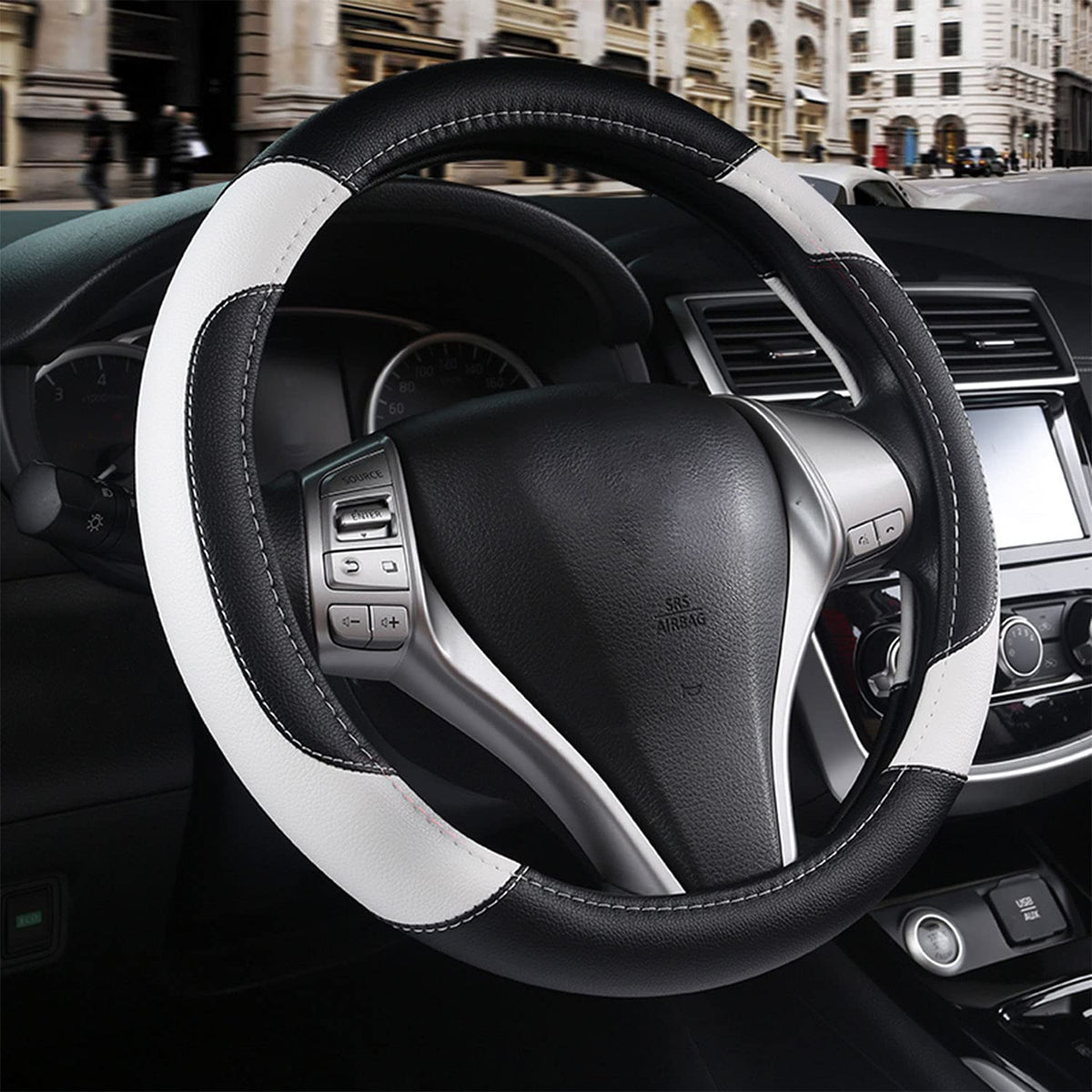 szttswamp leather steering wheel cover in white with non-slip grip