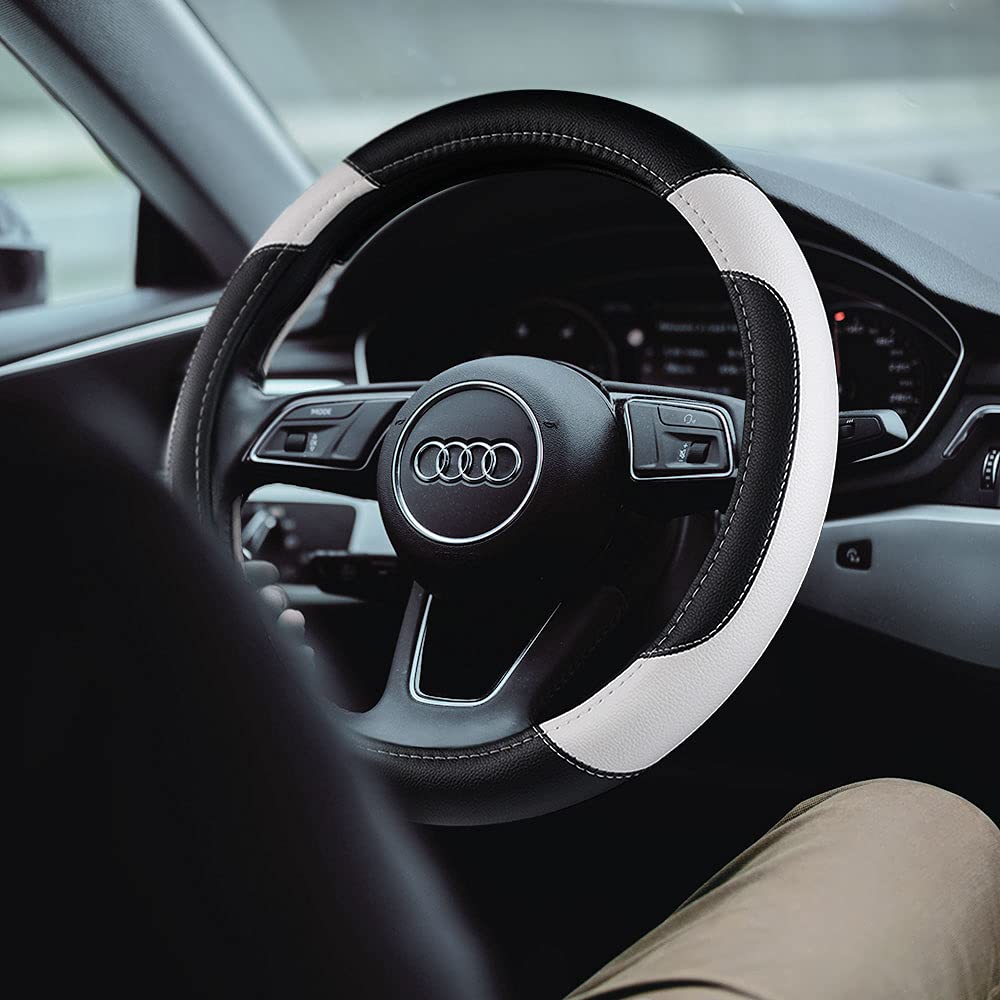 szttswamp white leather steering wheel cover enhances grip for safer driving
