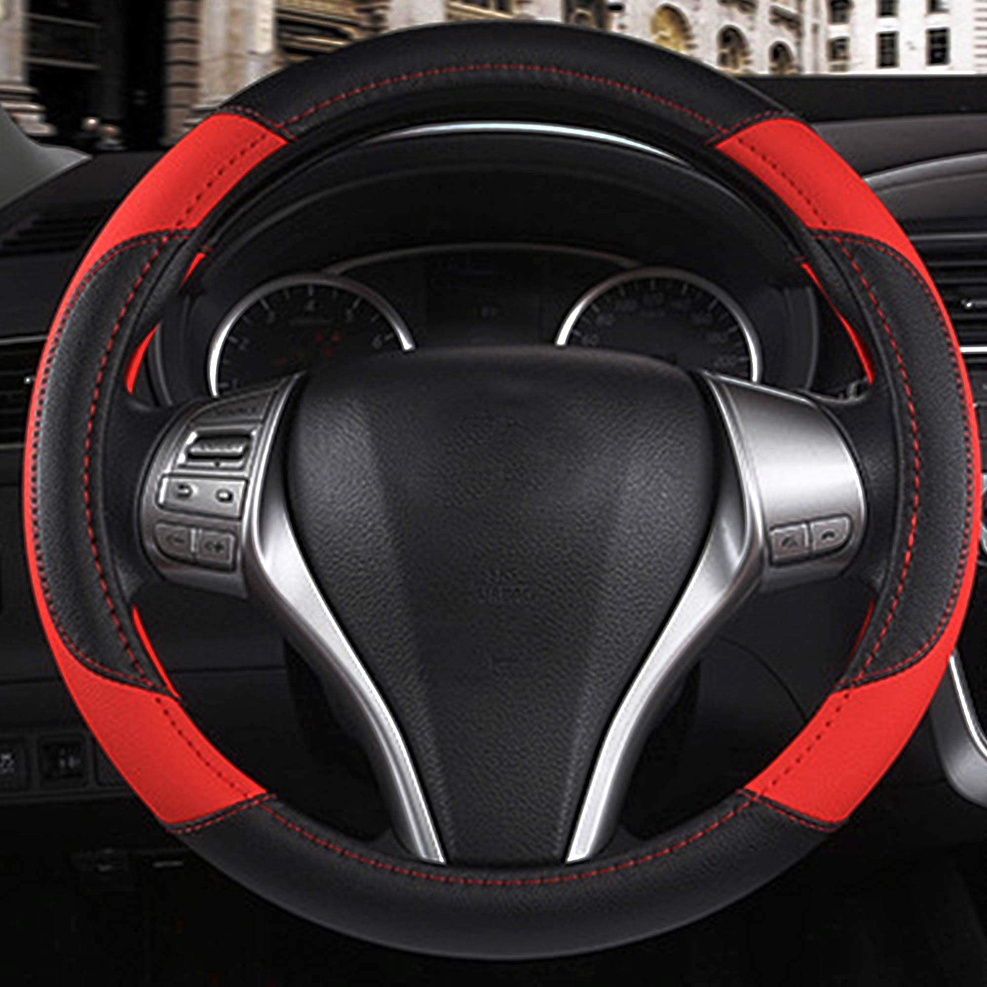 Szttswamp non-slip steering wheel cover enhances grip during quick turns.