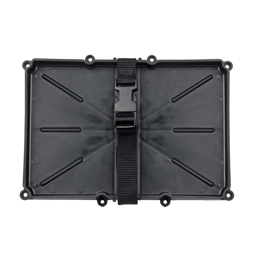 T-H Marine narrow battery tray holder shows compact footprint for tight bilge spaces.