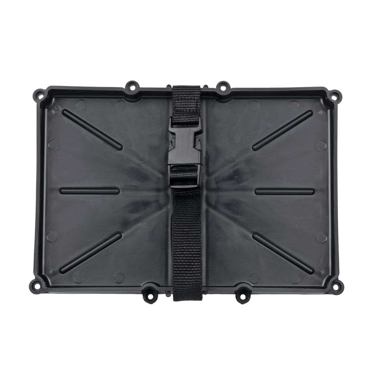 T-H Marine narrow battery tray holder shows compact footprint for tight bilge spaces.