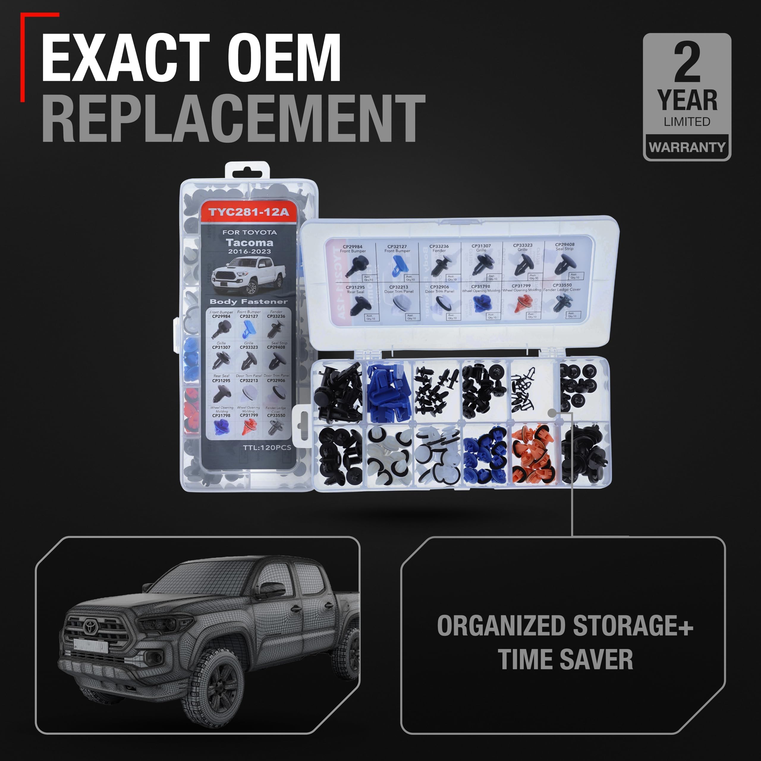 T1A 120pcs fastener kit for Tacoma grille area clips promotes precise reassembly after maintenance.
