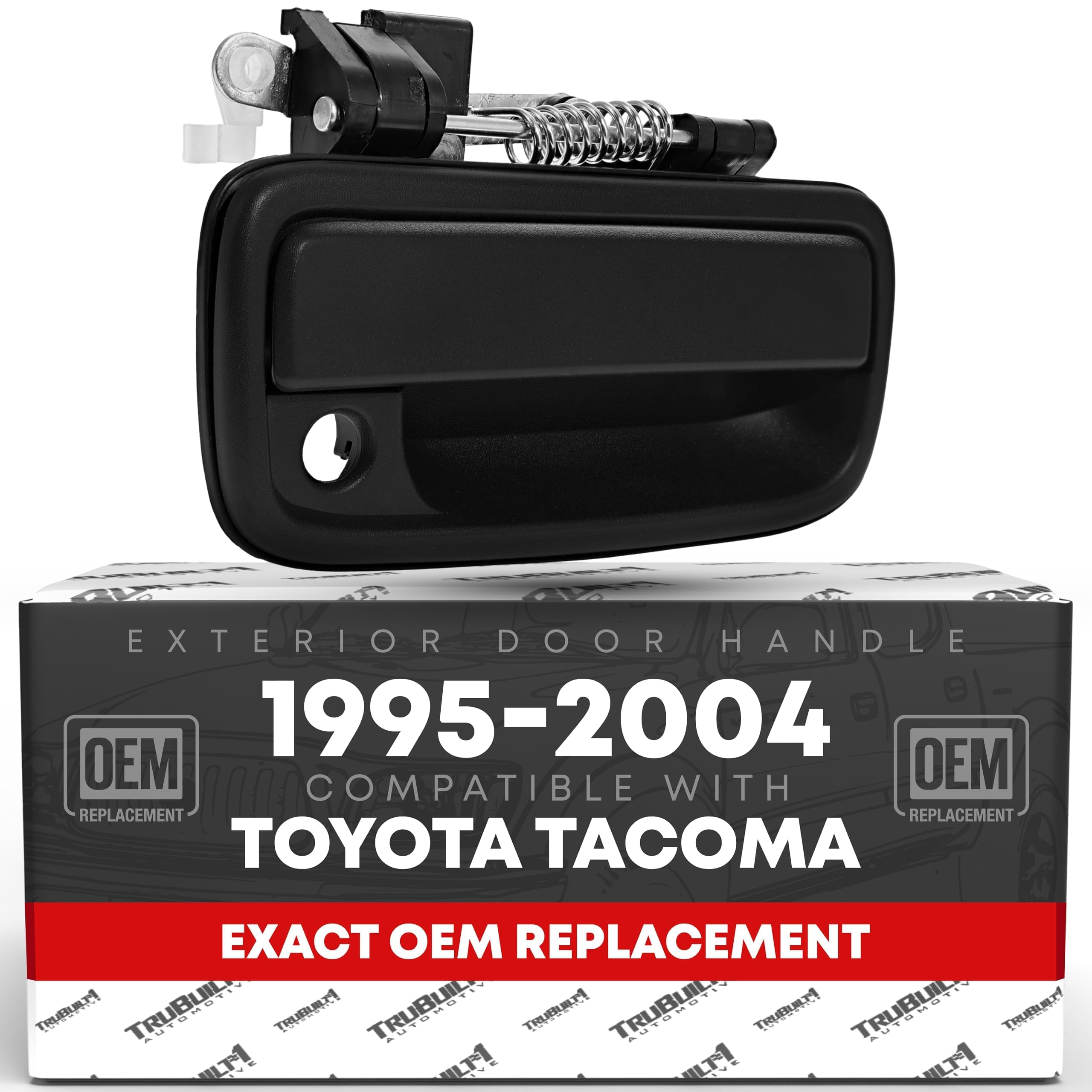 T1A exterior front passenger door handle with keyhole, textured black finish for authentic replacement.