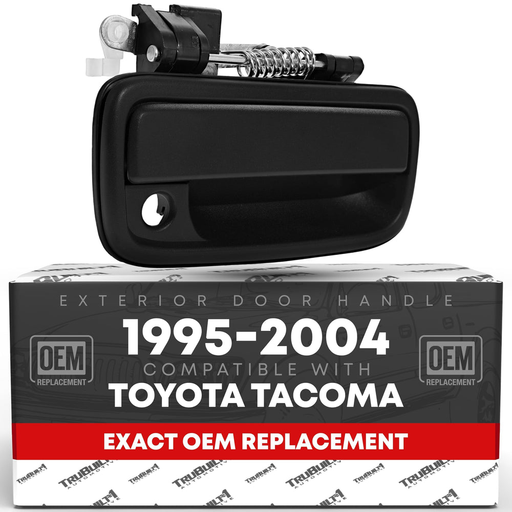 T1A exterior front passenger door handle with keyhole, textured black finish for authentic replacement.
