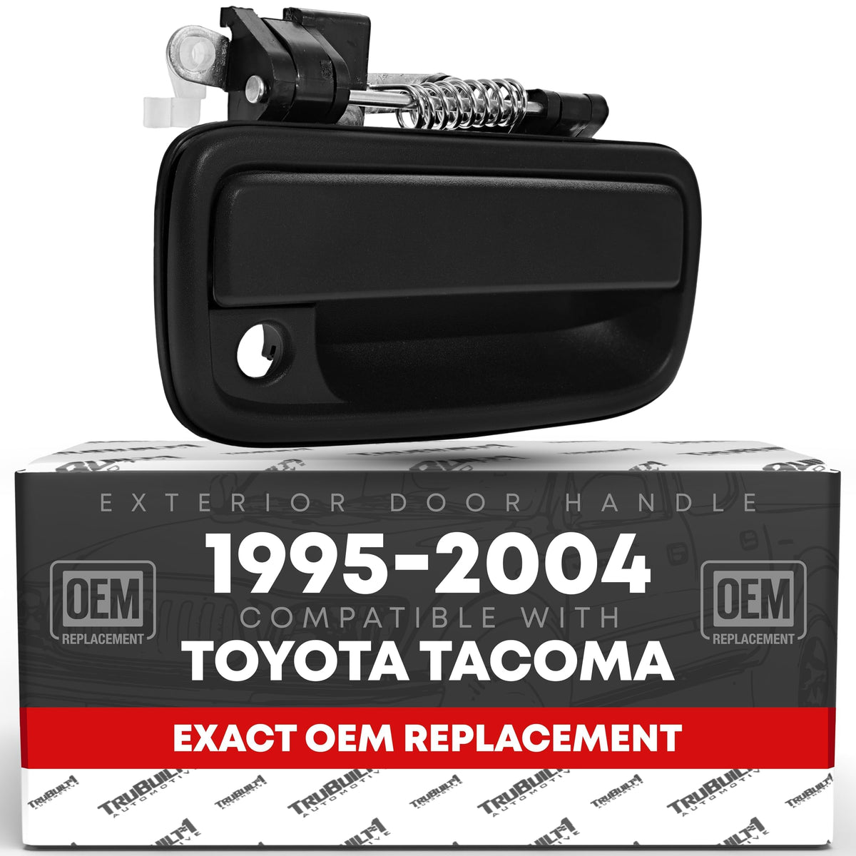 T1A exterior front passenger door handle with keyhole, textured black finish for authentic replacement.
