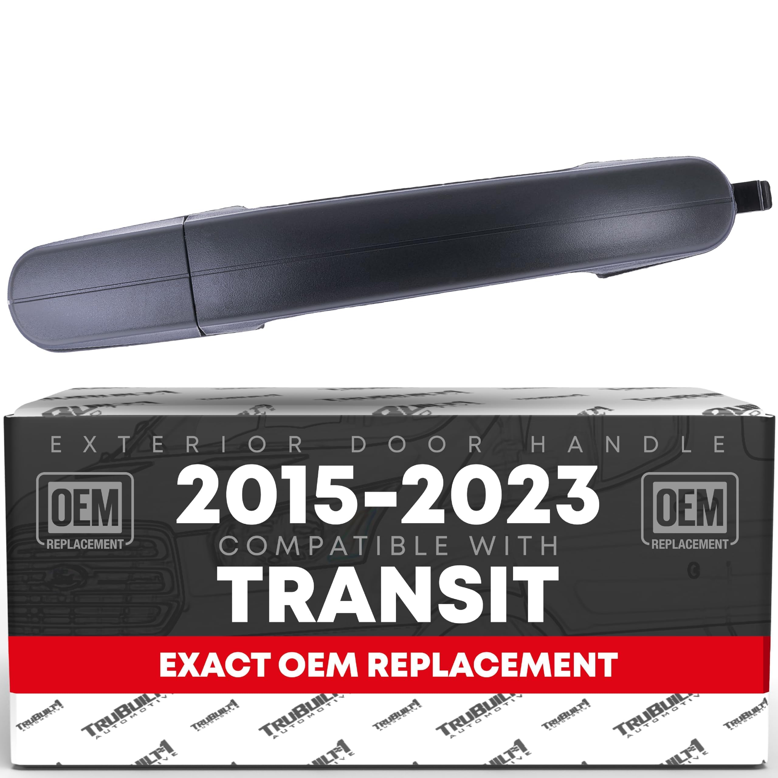 T1A exterior rear passenger sliding door handle close-up; durable textured black plastic for Transit