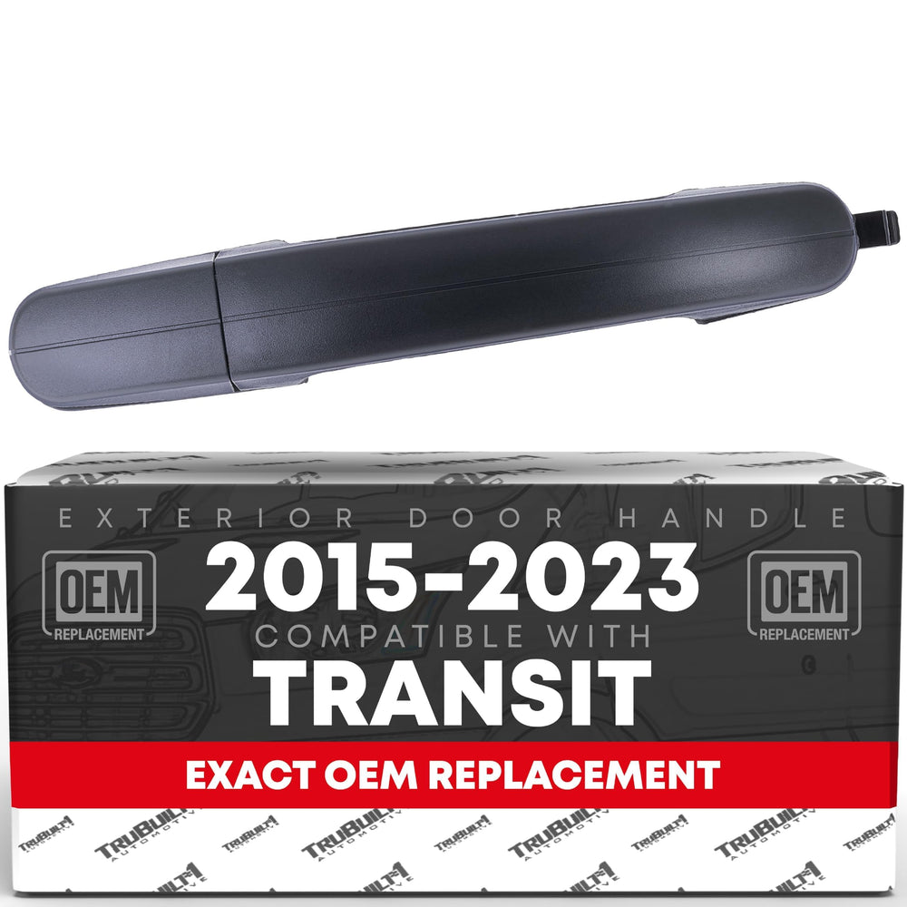 T1A exterior rear passenger sliding door handle close-up; durable textured black plastic for Transit