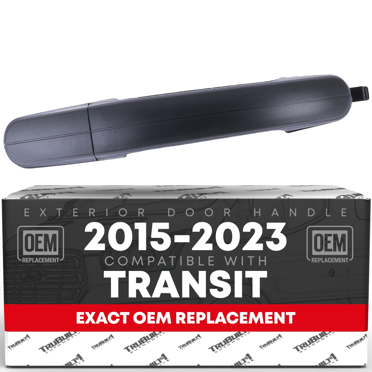 T1A exterior rear passenger sliding door handle close-up; durable textured black plastic for Transit