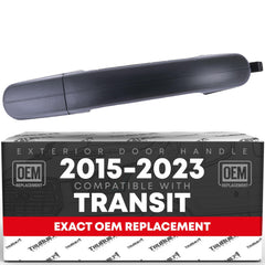 T1A exterior rear passenger sliding door handle close-up; durable textured black plastic for Transit