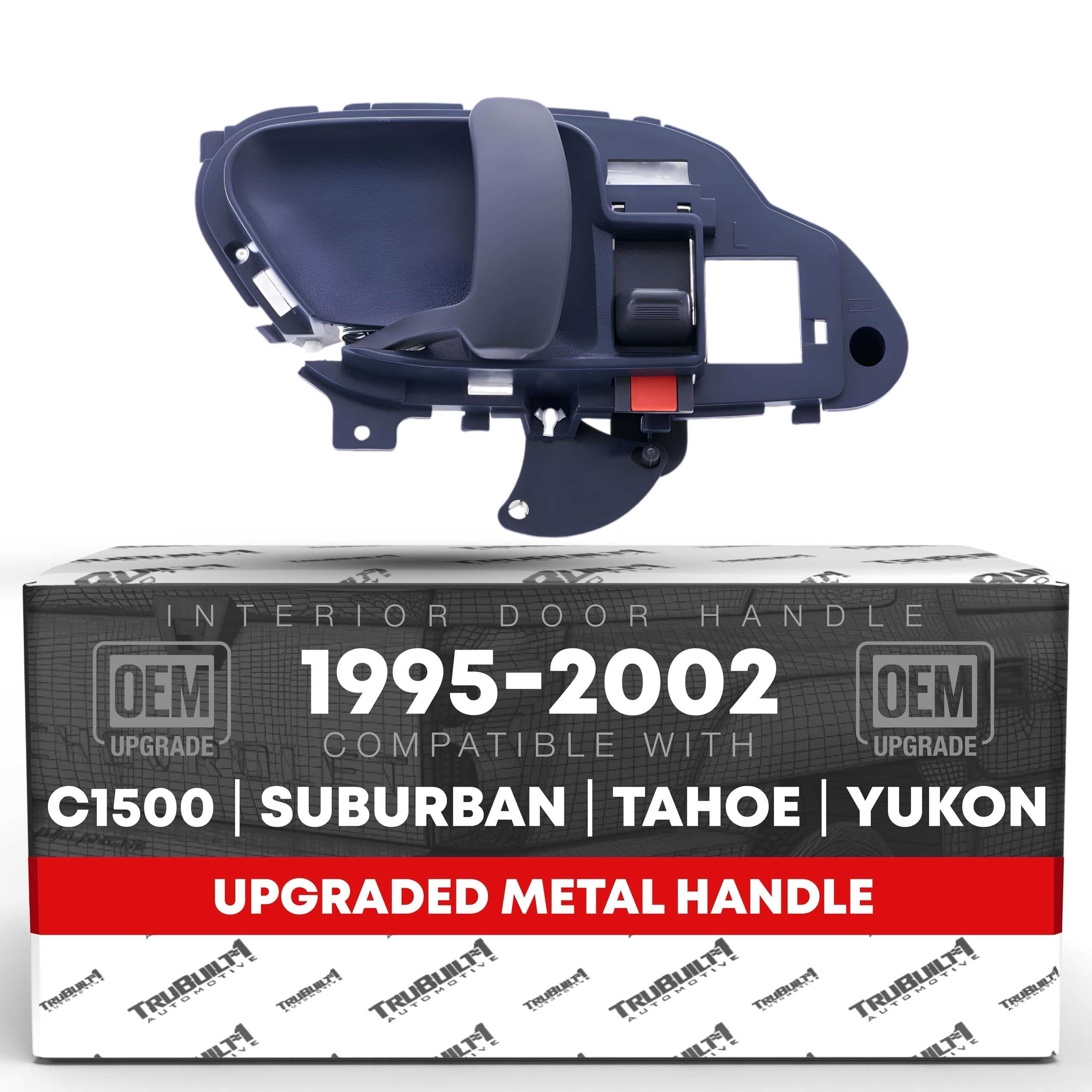 T1A interior front driver door handle in blue finish, ready for OEM replacement.