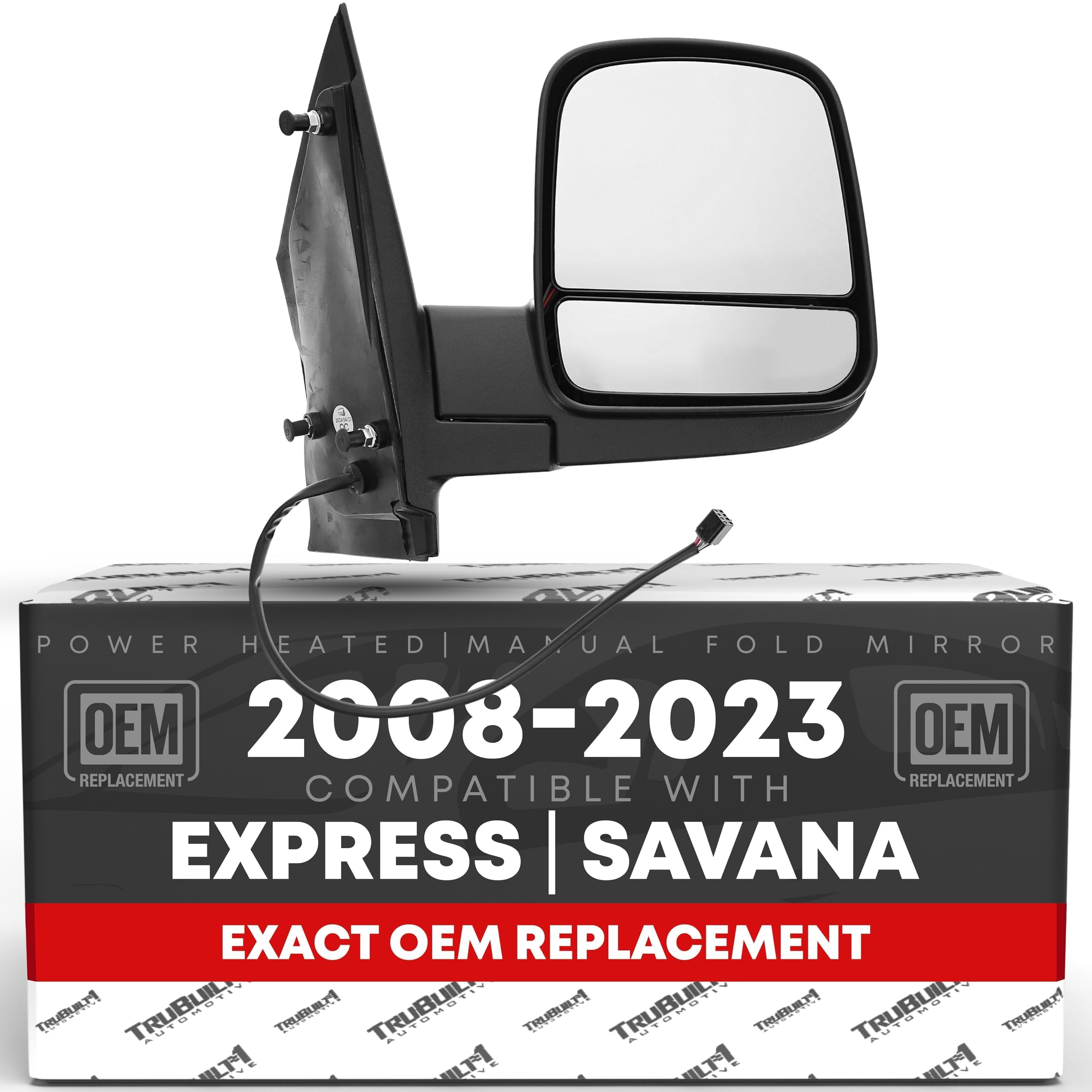 T1A passenger-side mirror for Chevy Express with OEM-style fit and heated capability.
