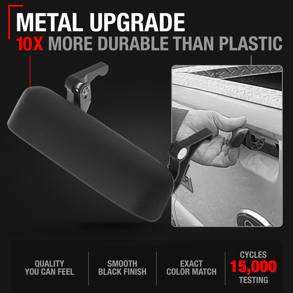 Close-up of T1A upgraded tailgate handle with rugged textured black finish for Ford Ranger.
