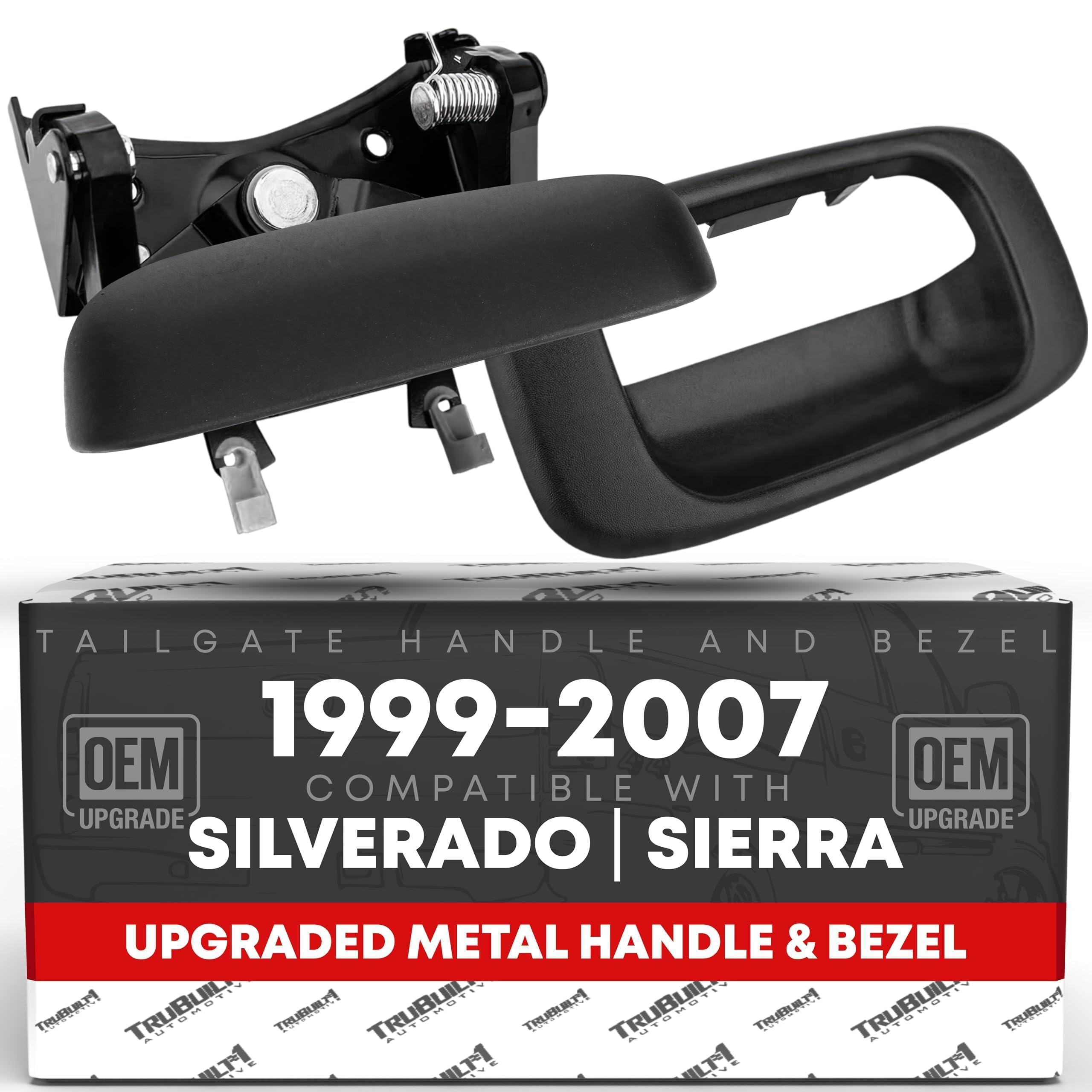 T1A tailgate handle latch with bezel front view showing robust metal construction for Silverado