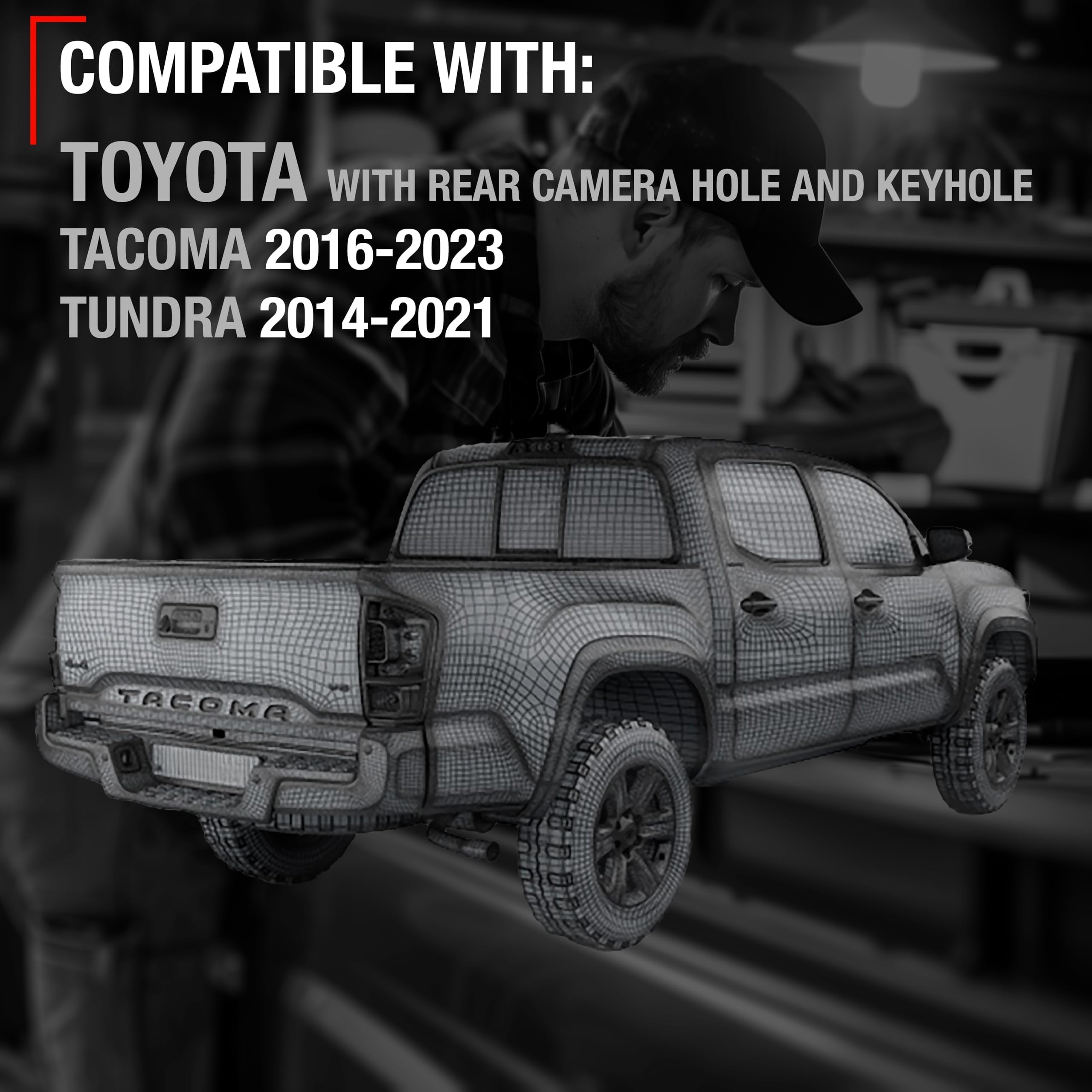 Close-up of T1A tailgate handle showing textured metal construction.