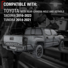 Close-up of T1A tailgate handle showing textured metal construction.