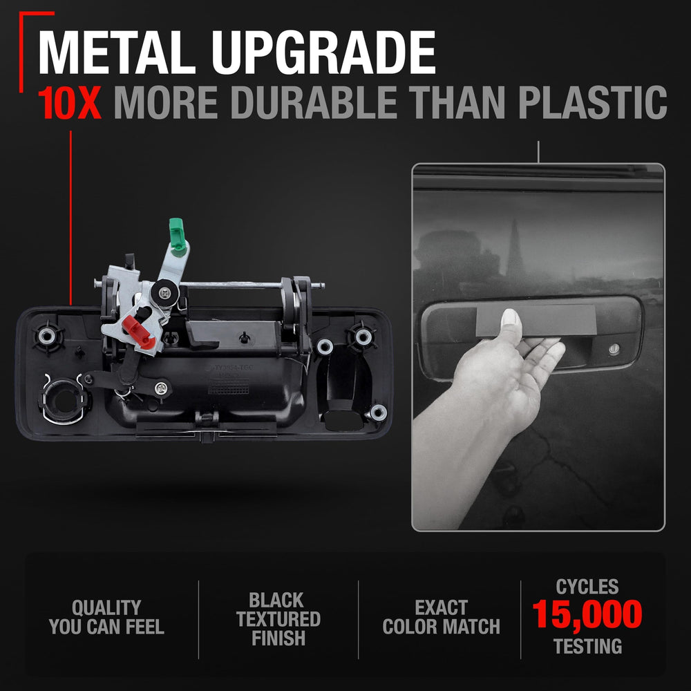 T1A textured black metal tailgate handle with durable finish.