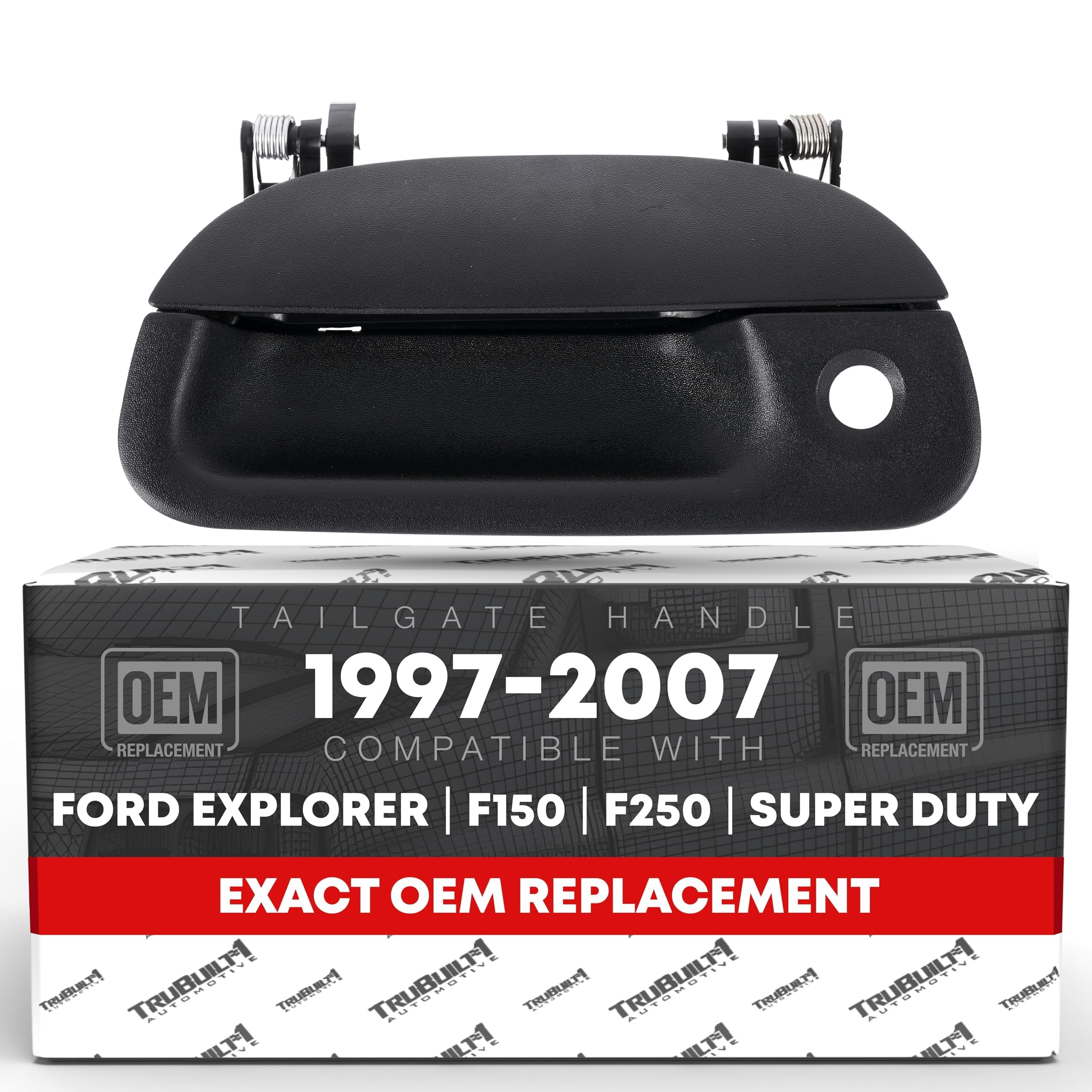 T1A tailgate handle with textured black finish and keyhole for precise OEM fit