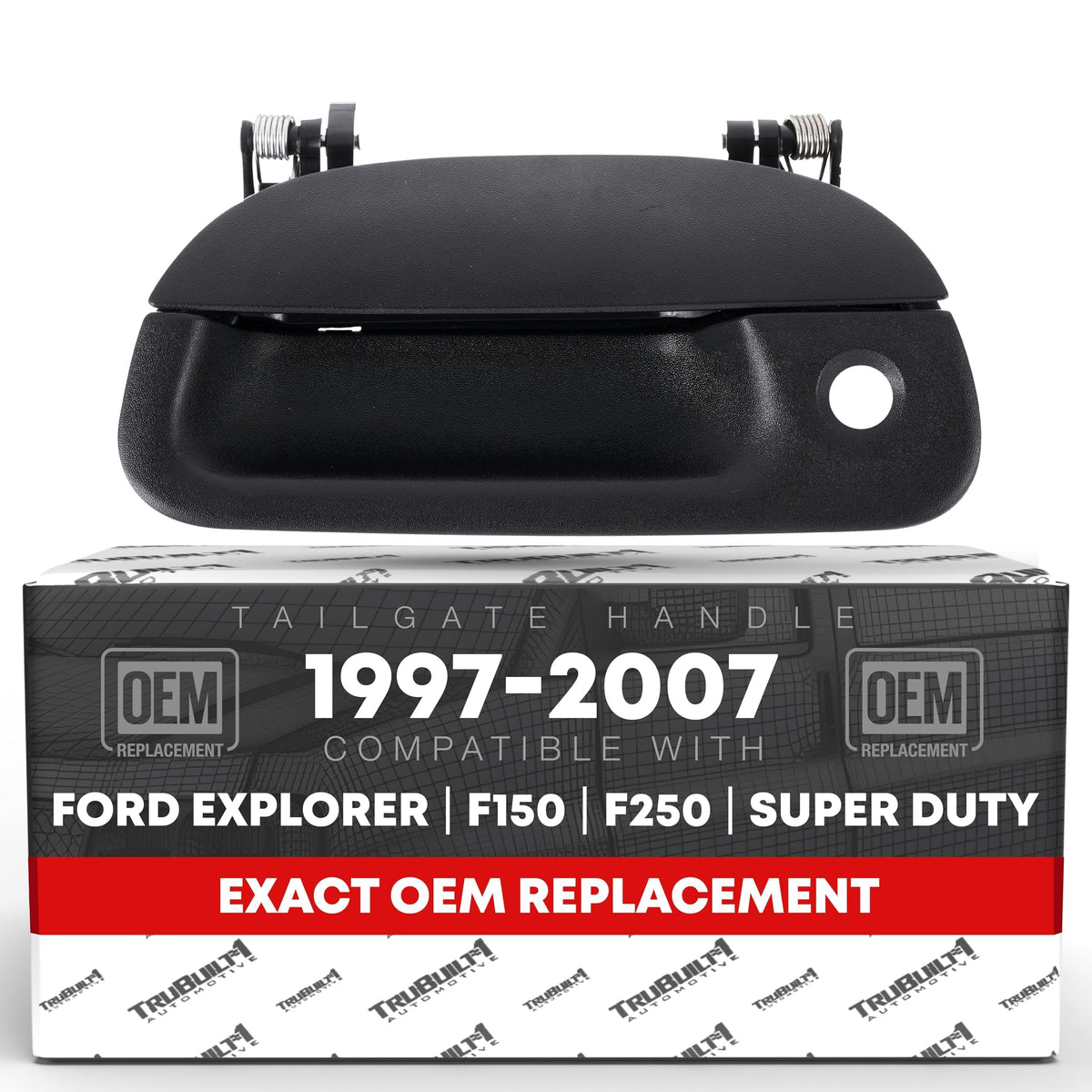 T1A tailgate handle with textured black finish and keyhole for precise OEM fit