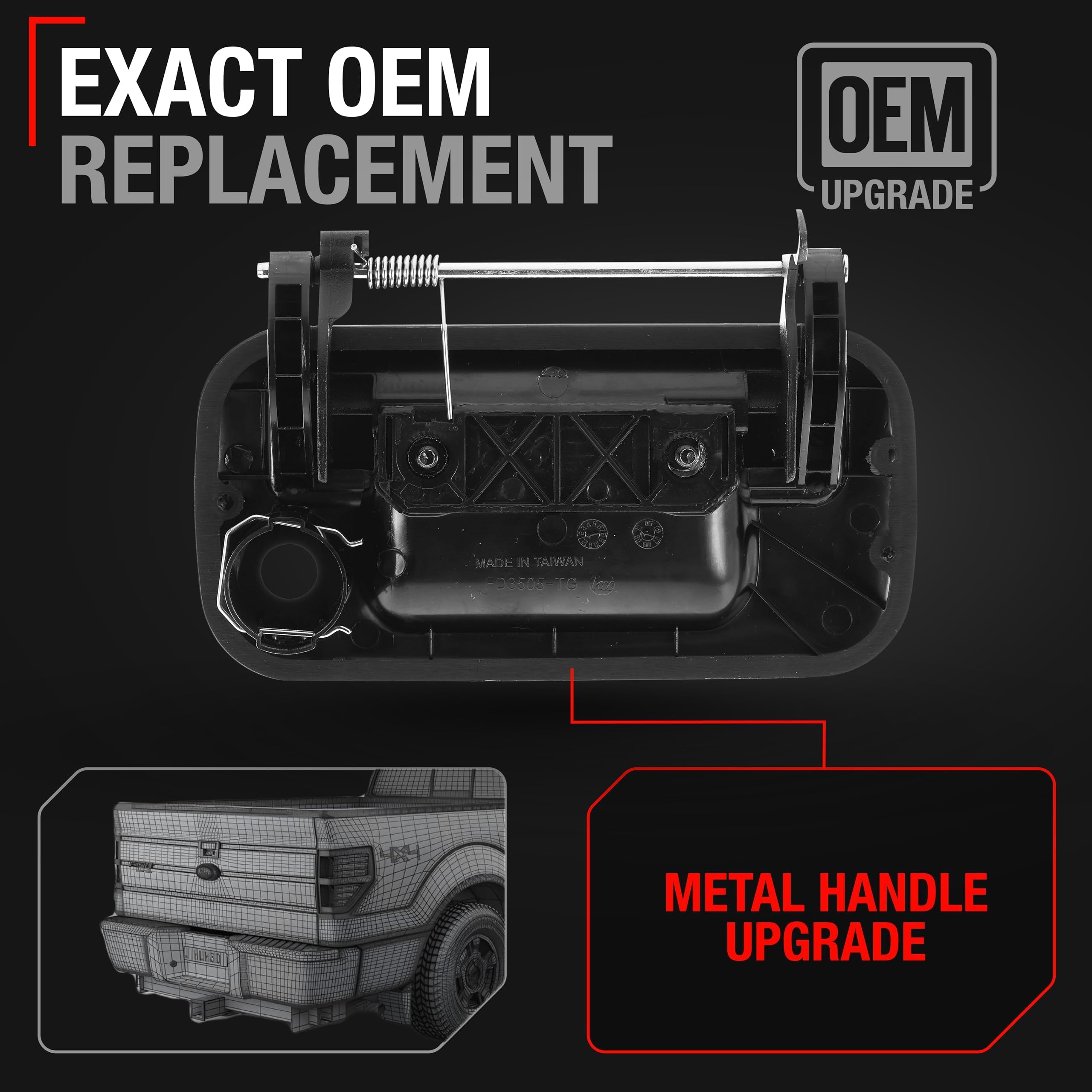 T1A upgraded metal tailgate handle with keyhole, closeup of robust construction