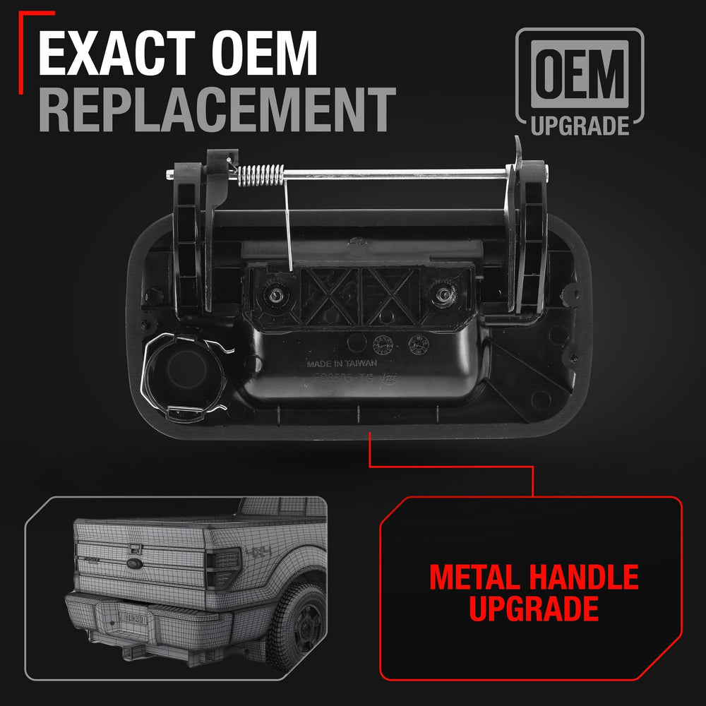 T1A upgraded metal tailgate handle with keyhole, closeup of robust construction