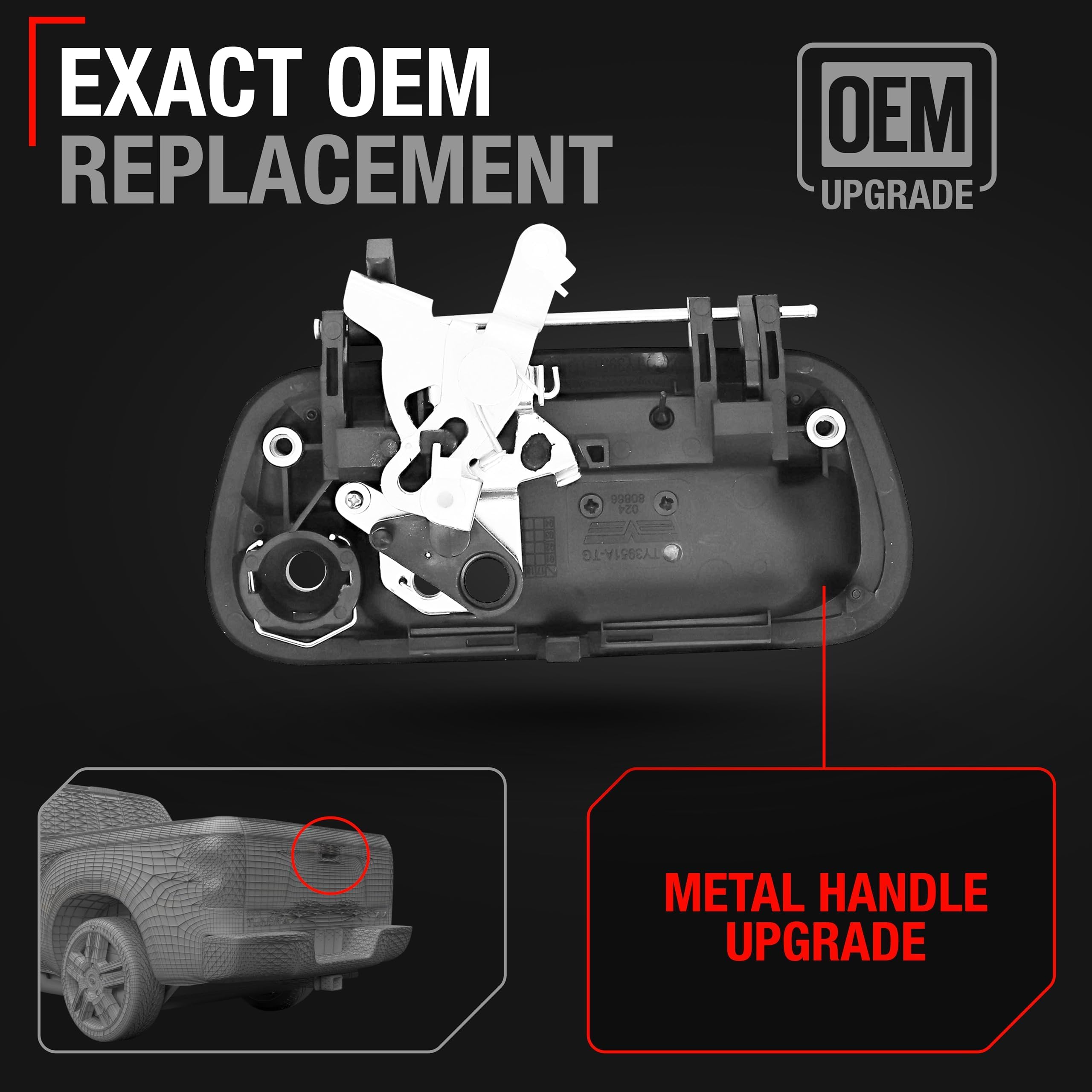 T1A textured black finish tailgate handle for rugged outdoor use.