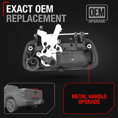 T1A textured black finish tailgate handle for rugged outdoor use.