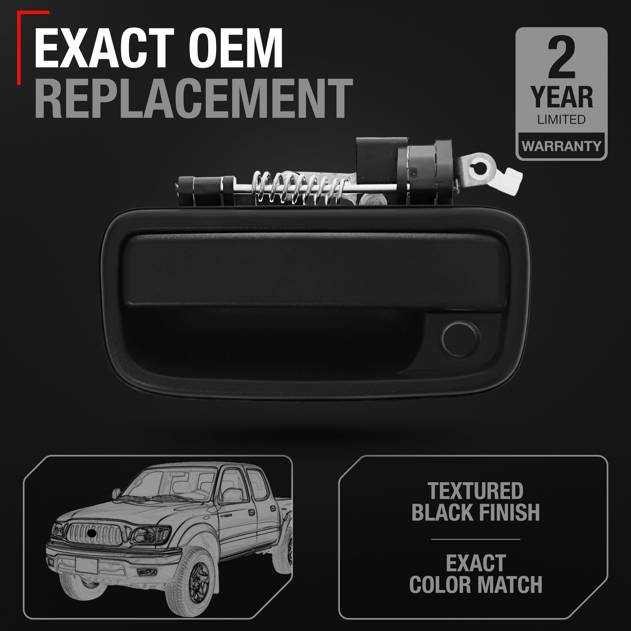 T1A Toyota Tacoma front-left door handle close-up shows durable plastic and precise fit.