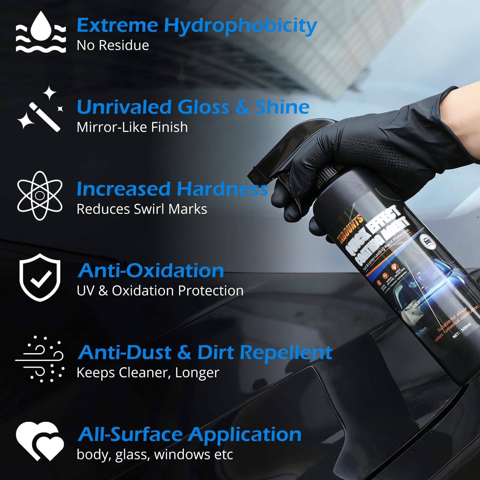 TABOUNTS quick-effect coating being sprayed for a smooth, streak-free finish.