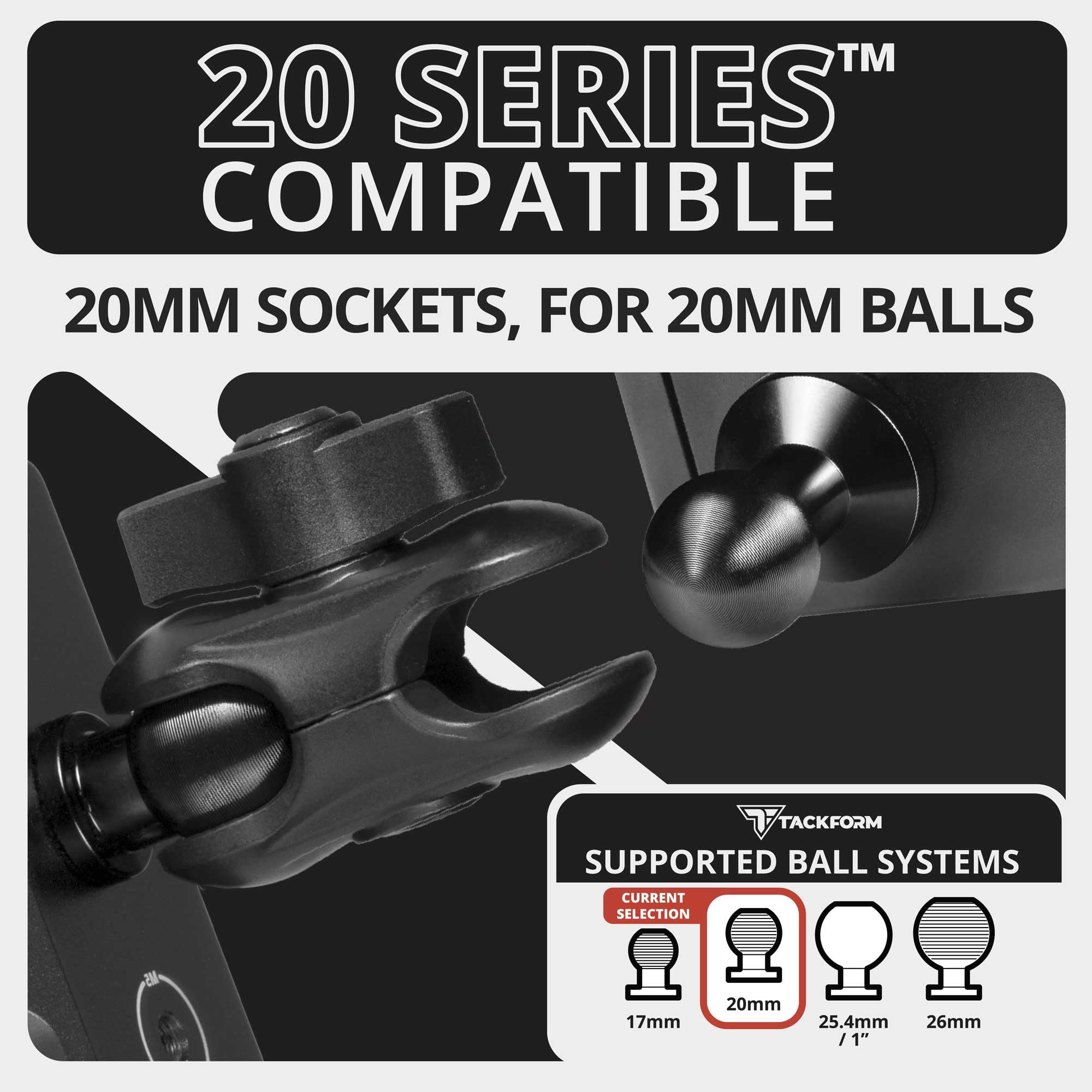 Tackform 2-inch ball-and-socket arm enables precise positioning and reliable lock