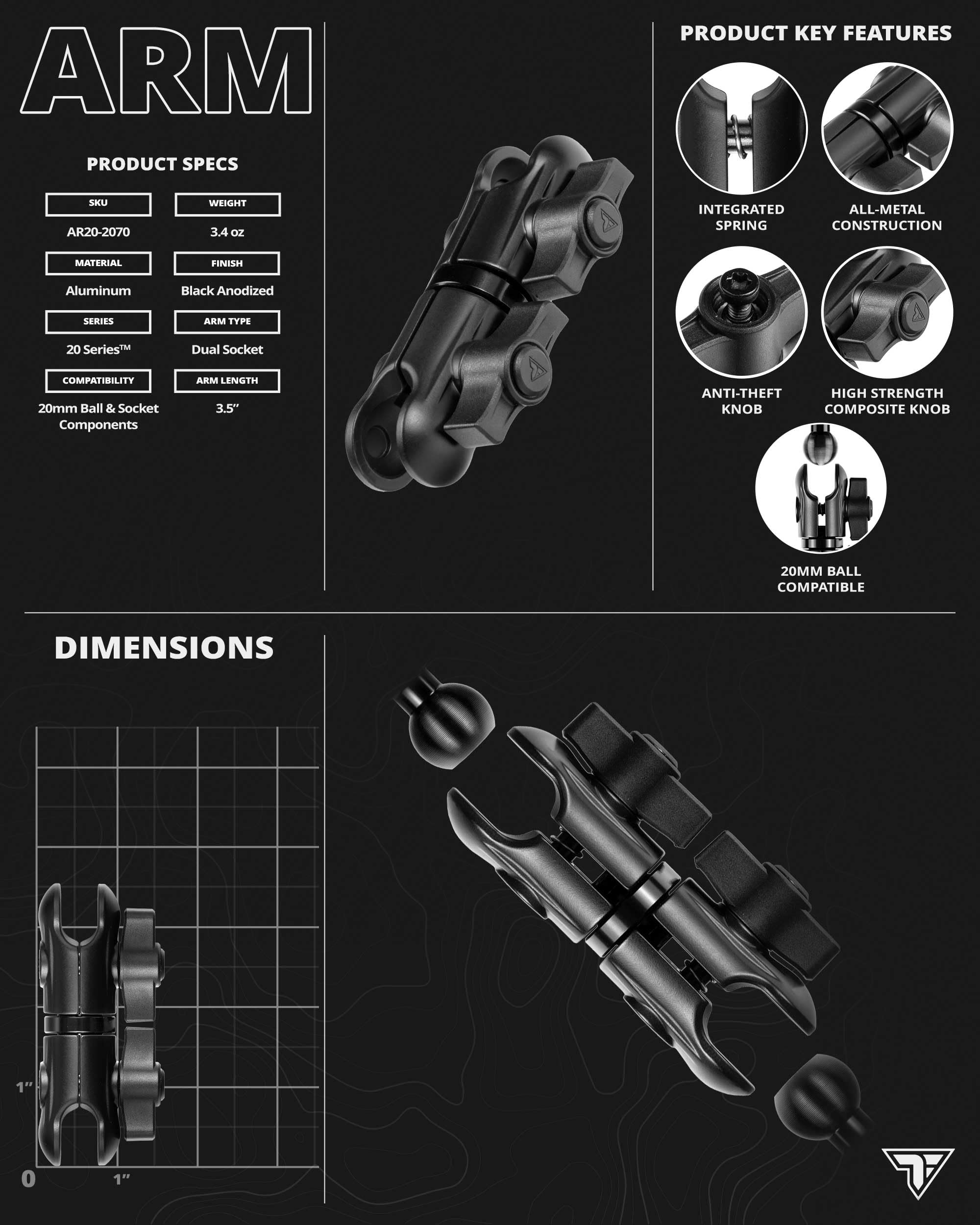 Tackform 20mm ball compatibility highlights broad accessory options.