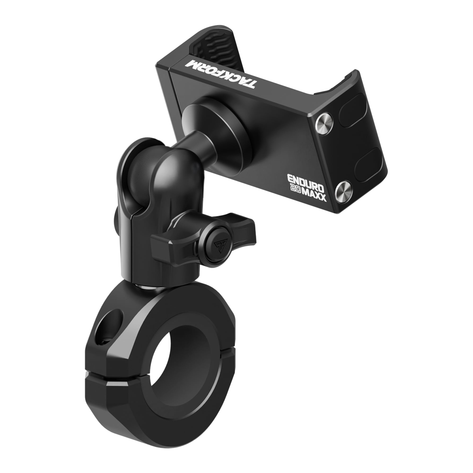 Tackform black motorcycle mount with 20MAXX cradle securing a device on handlebars.