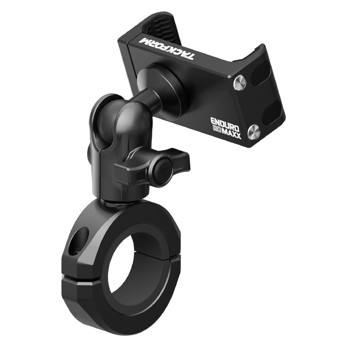 Tackform black motorcycle mount front view shows rugged all-metal build for durability