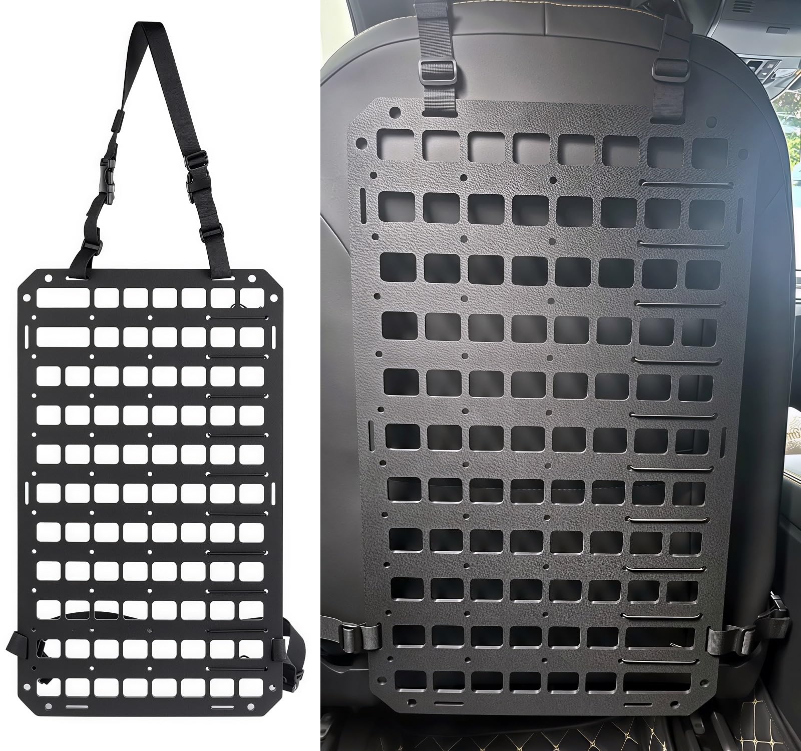 TACNEX rigid MOLLE panel mounted on car seat back for organized gear.