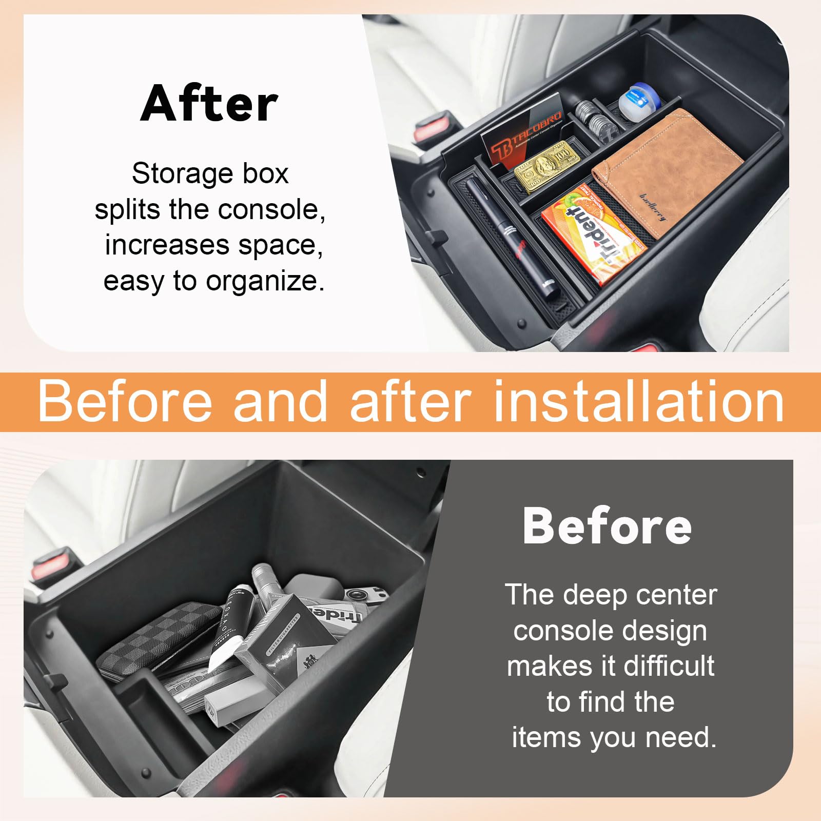 TACOBRO ABS center console tray emphasizes durability and long-term use.