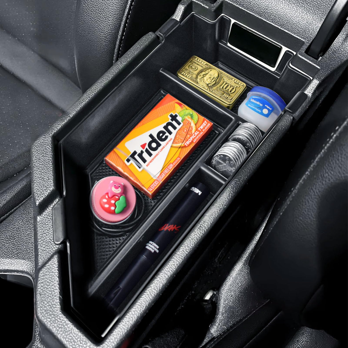 TACOBRO Armrest Storage for Jetta center console tray, top view keeps essentials within reach