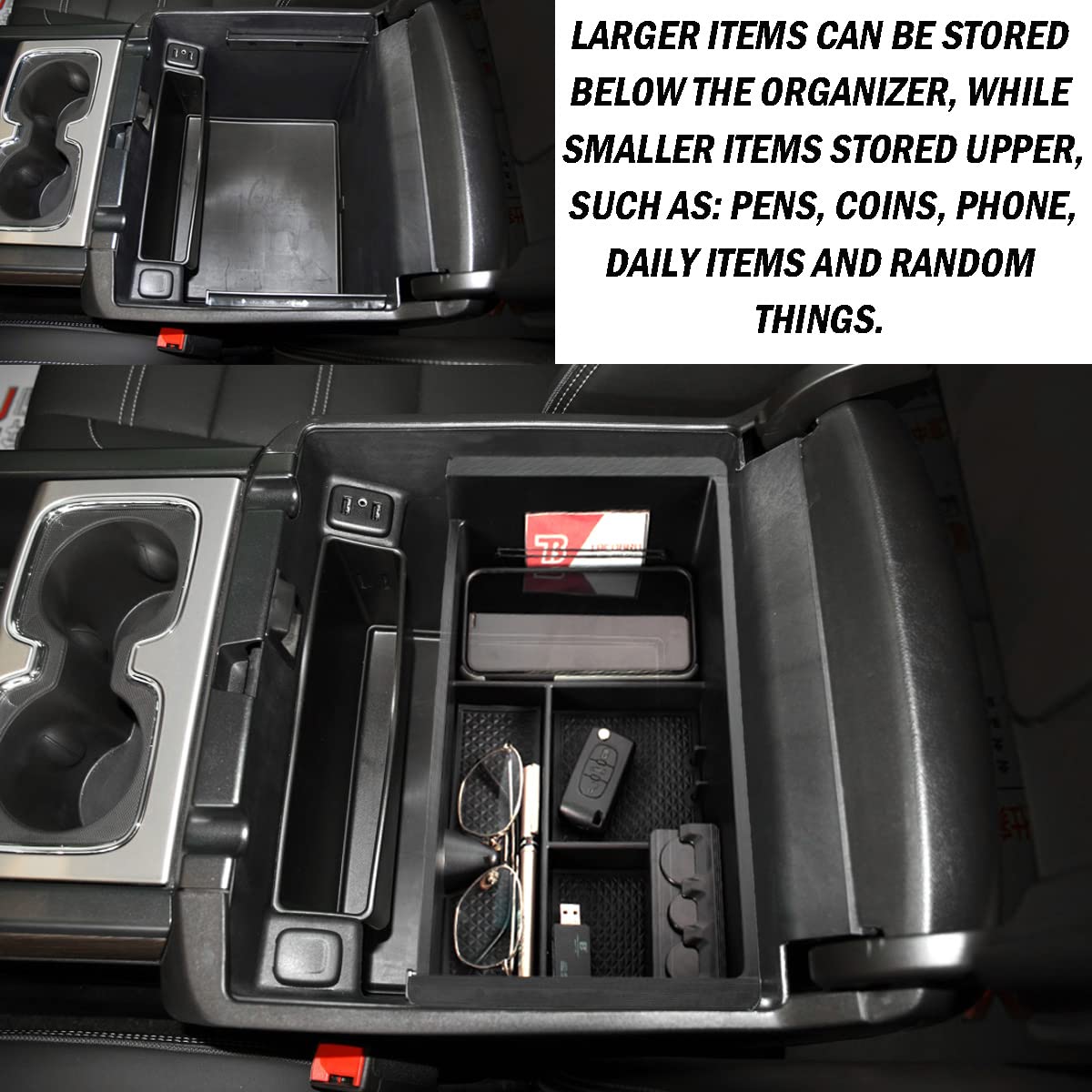 TACOBRO organizer with rubber pads minimizes movement and console noise.