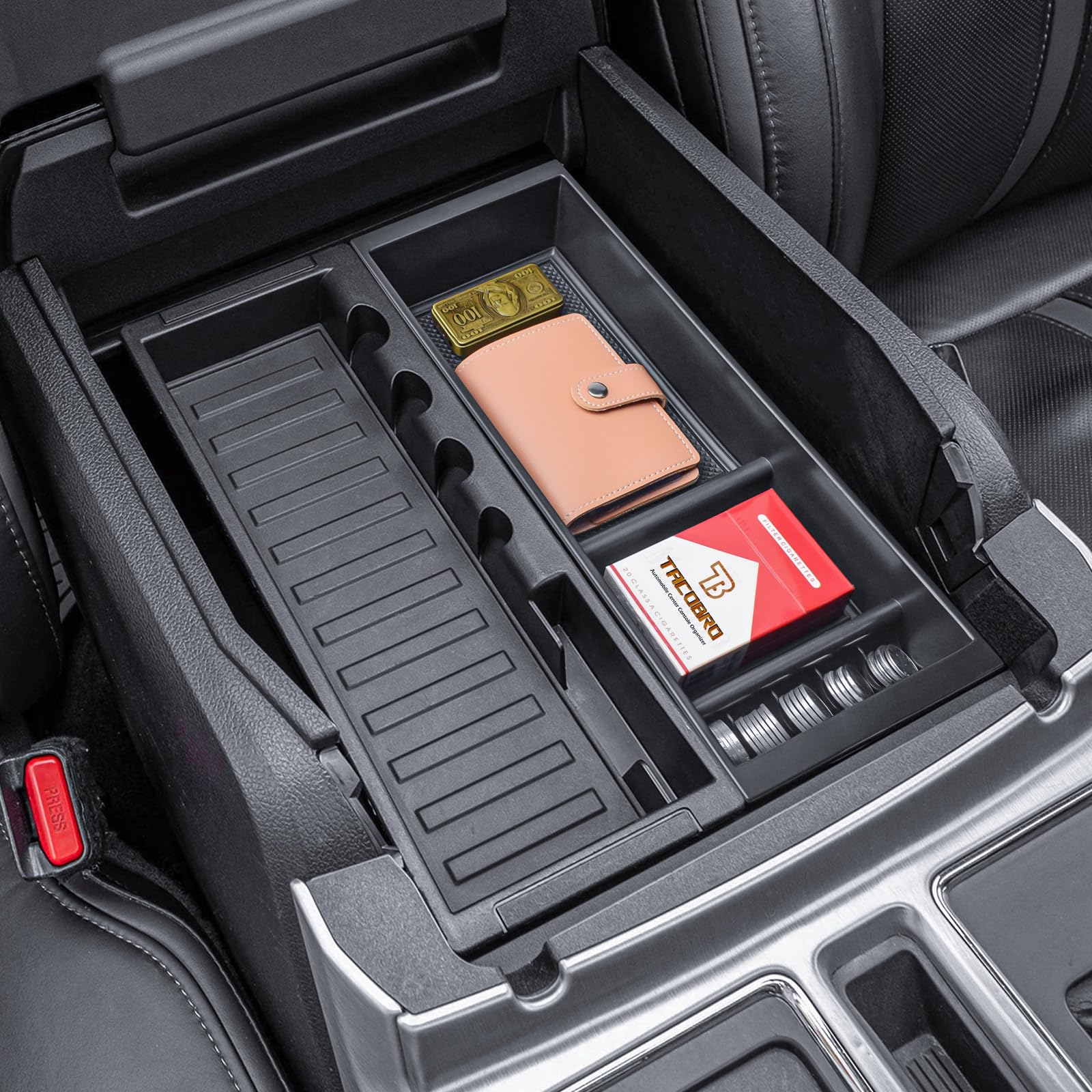 TACOBRO center console organizer with power port access remains usable