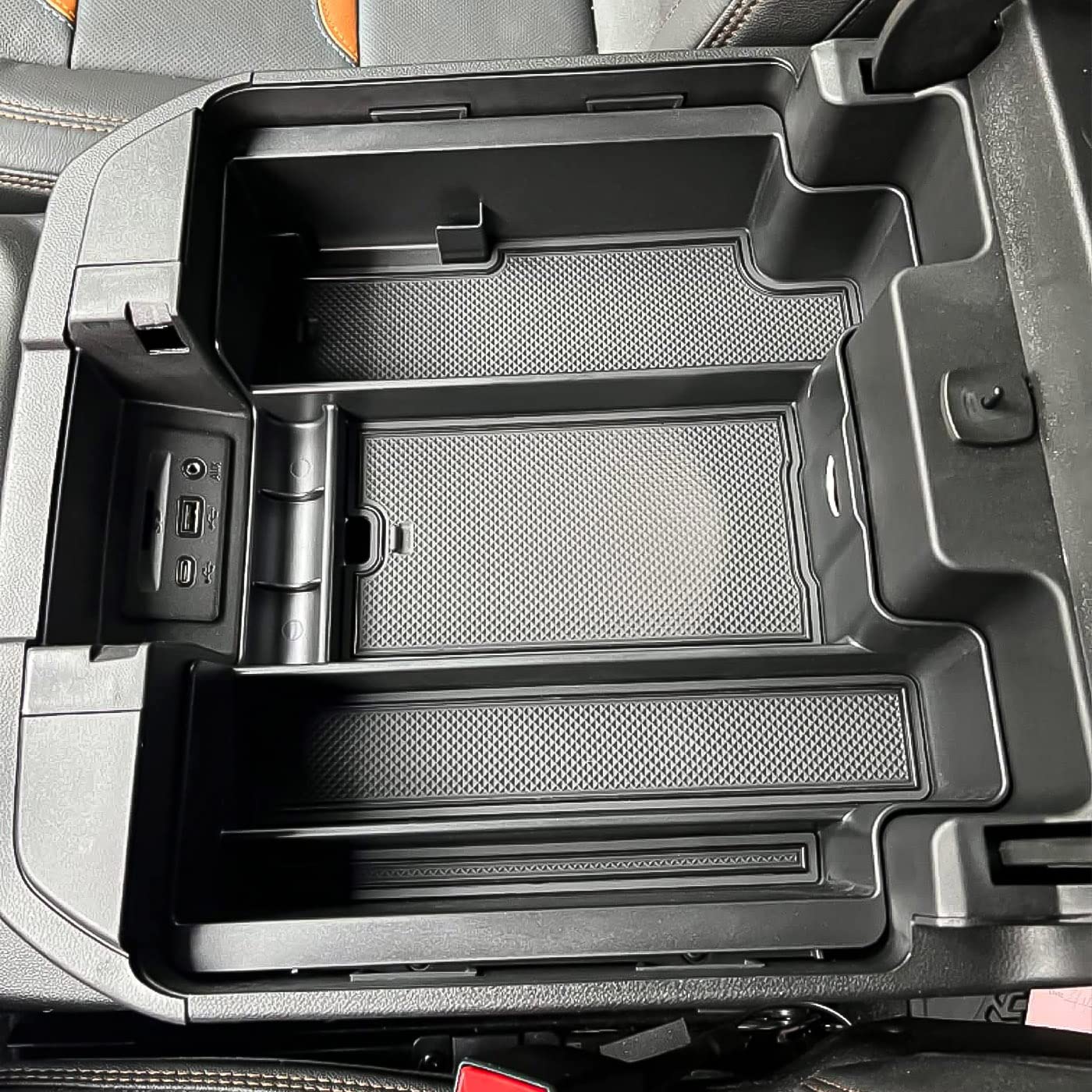 TACOBRO console organizer shows privacy space beneath the tray for valuables.