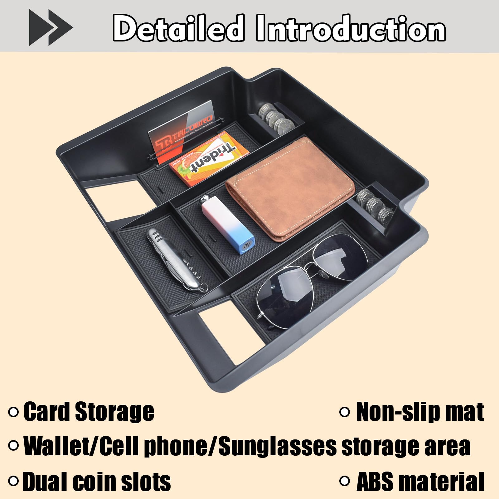 TACOBRO center console tray helps keep items organized and easy to locate.