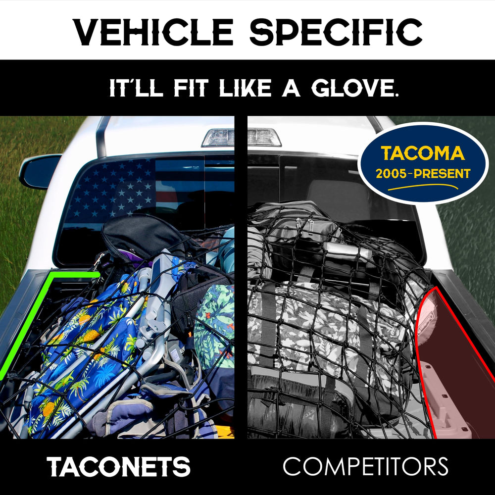 TacoNets in use with camping gear and tools in a truck bed