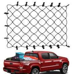 TacoNets cargo net for Tacoma showing installation hooks securing cargo on a short bed
