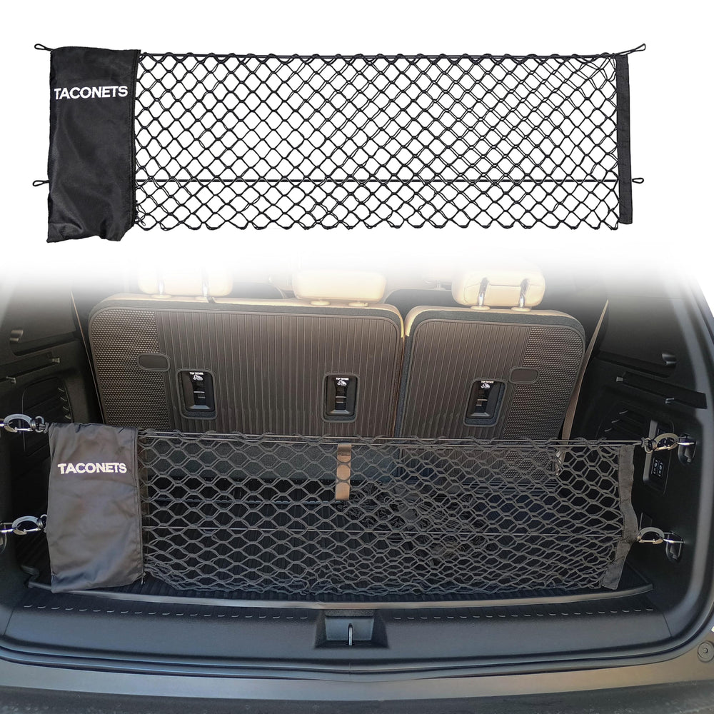 TacoNets envelope cargo net fits Acadia and Traverse for secure trunk organization.
