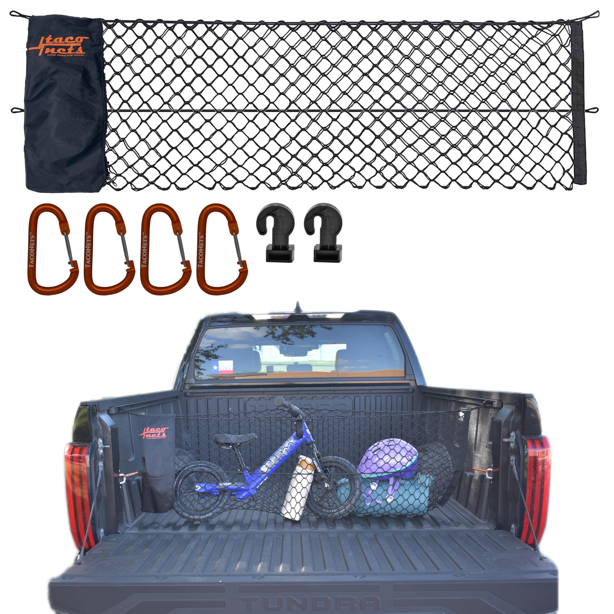 TacoNets envelope cargo net installed on Toyota Tundra bed to keep gear secure during drives